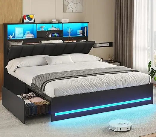 Bed Frame With Bookcase Headboard Charging Station And LED Lights