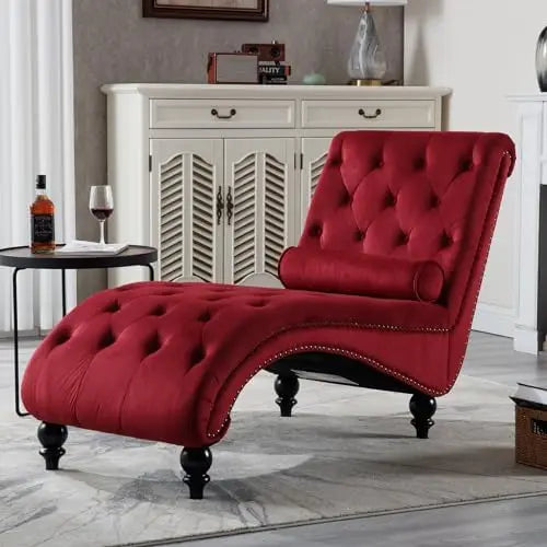 Velvet Chaise Lounge Chair With Pillow, Button-Tufted, Modern Indoor