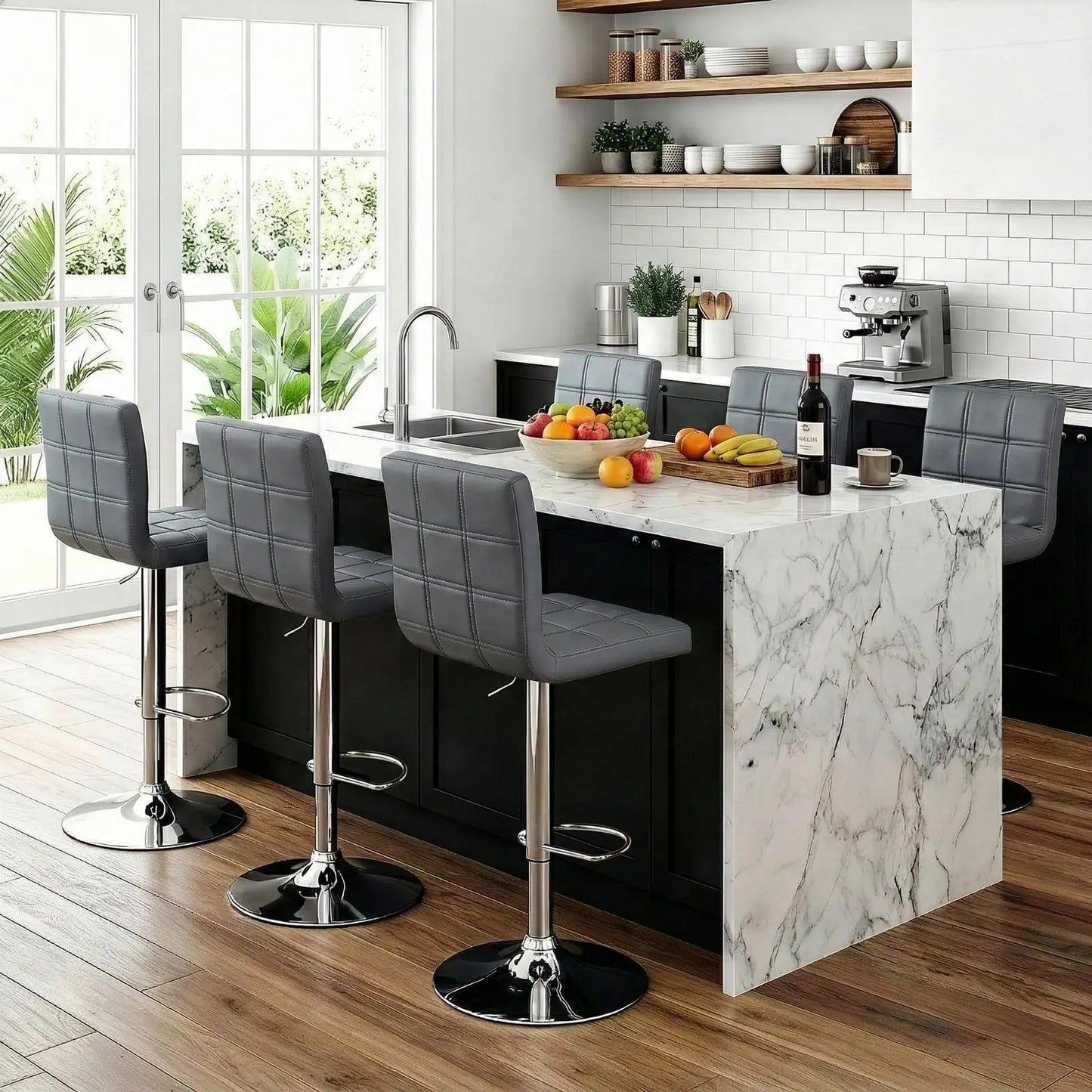 Adjustable Swivel Barstools Set, Modern PU Leather Square Back