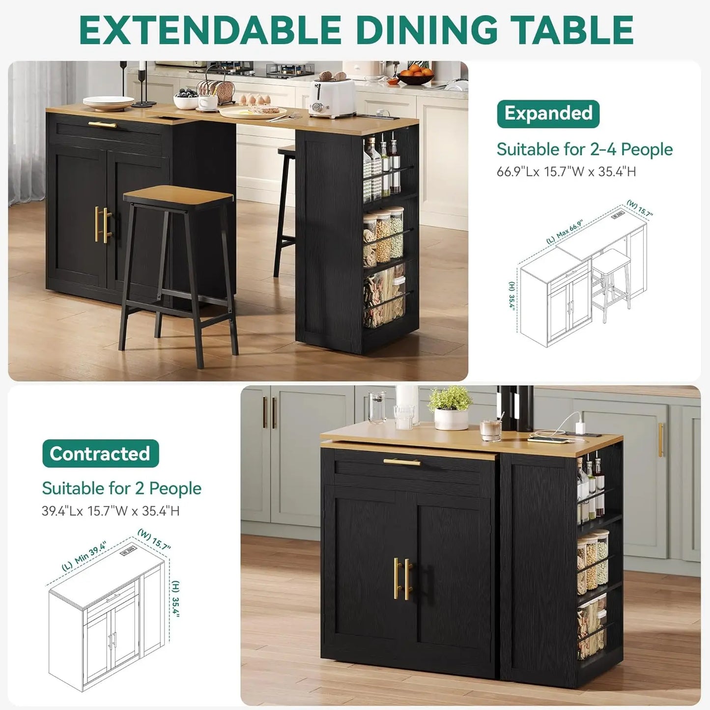 Expandable Kitchen Island With Seating Power Outlet Storage And Wheels