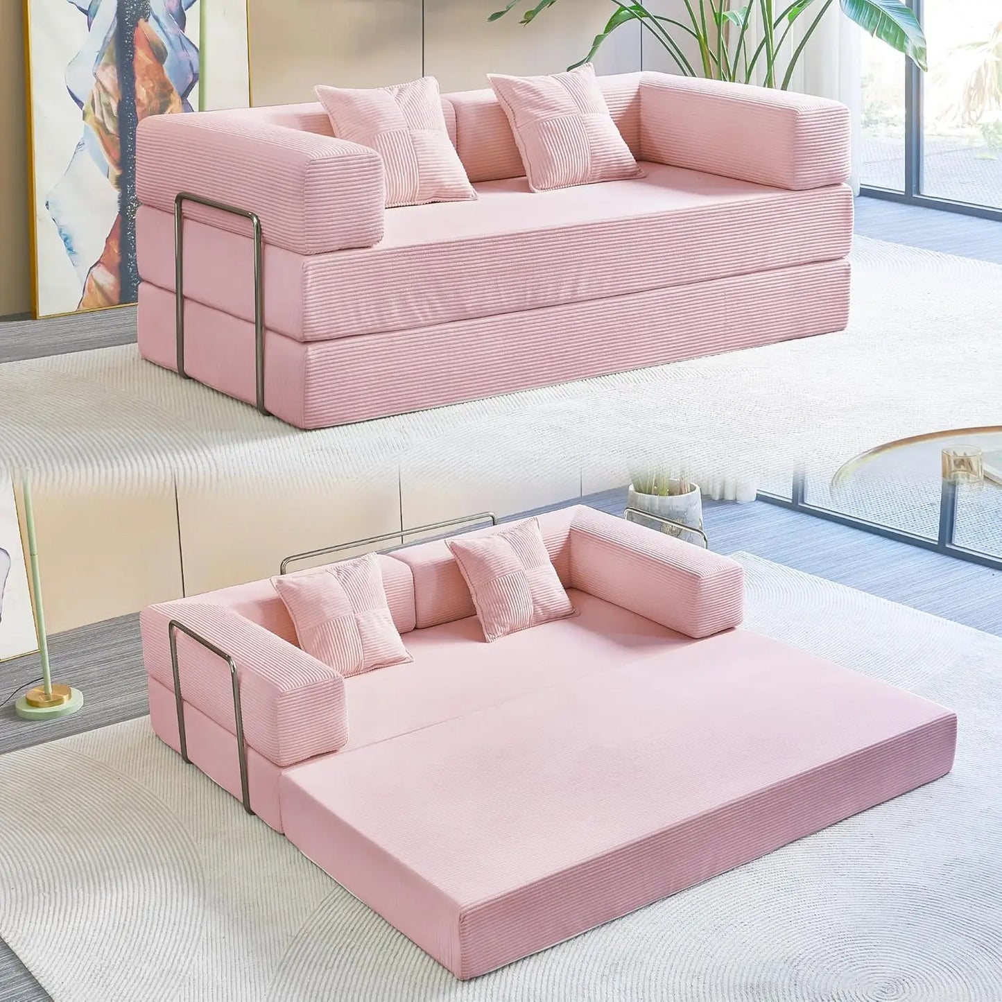 Convertible Floor Sofa Bed With Pillow Back Support Armrest