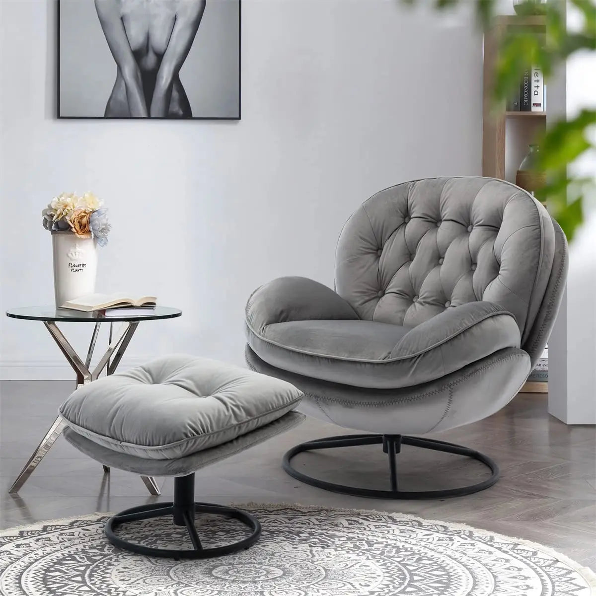 GUOHE Modern Velvet Swivel Accent Chair With Tufted Back Ottoman
