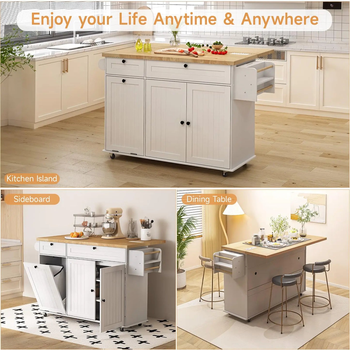 ONBRILL Mobile Kitchen Island Cart With Power Outlet