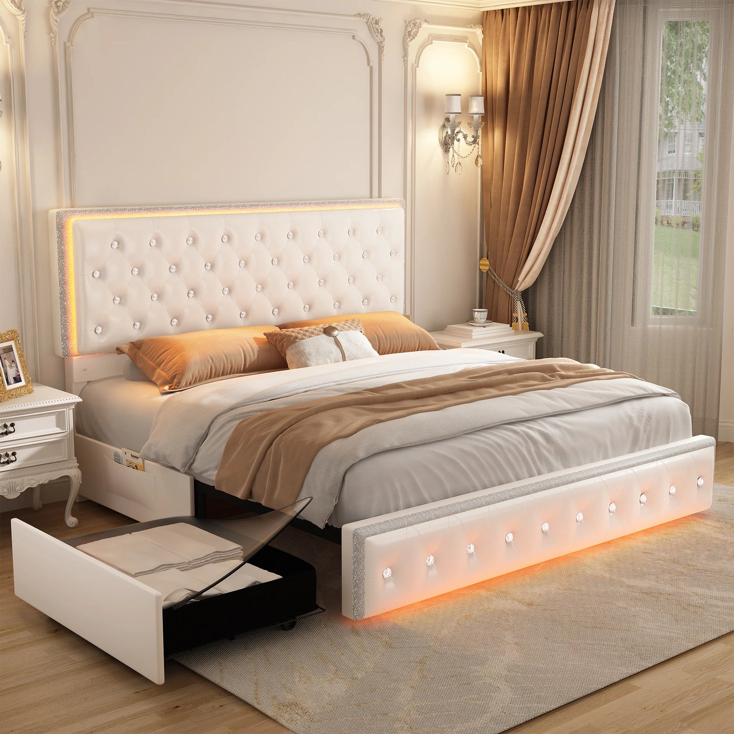 NONECN LED PU Bed Frame With Built In Drawers Storage