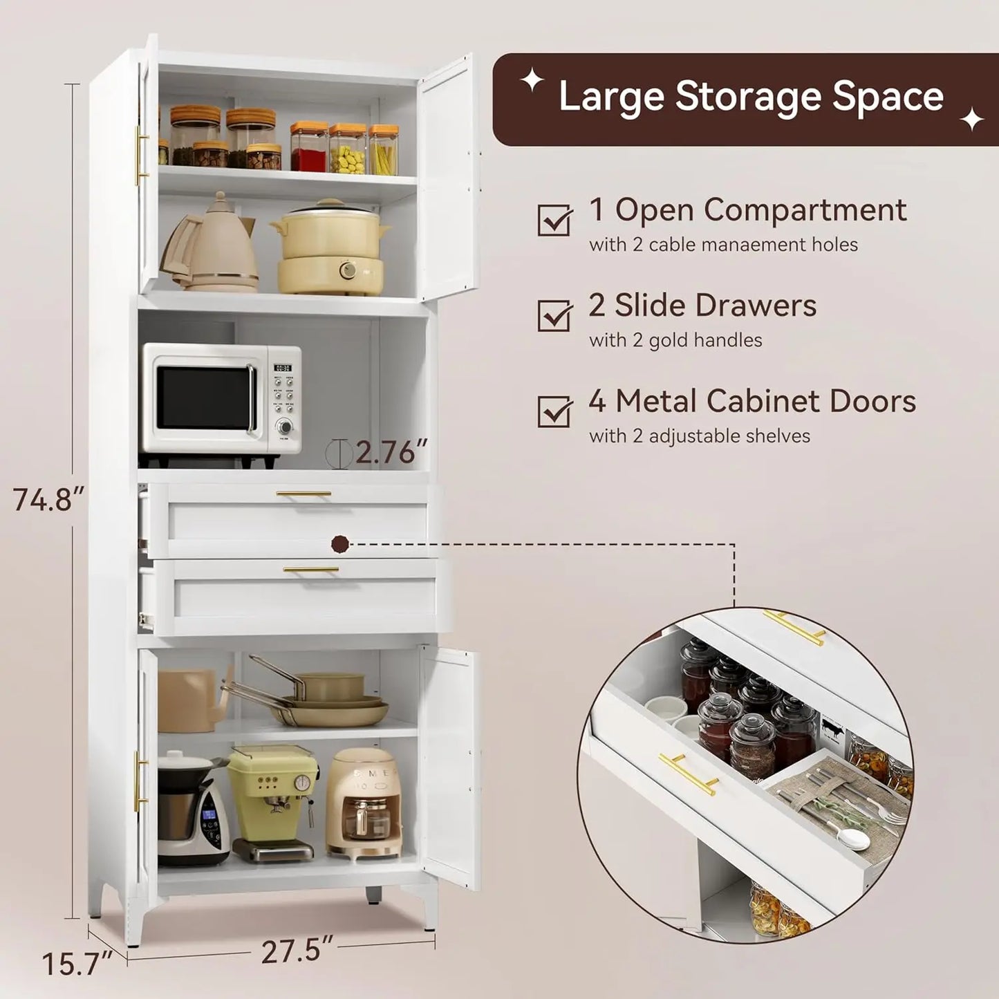 Guangbai Metal Pantry Cabinet With 2 Drawers And Adjustable Shelves