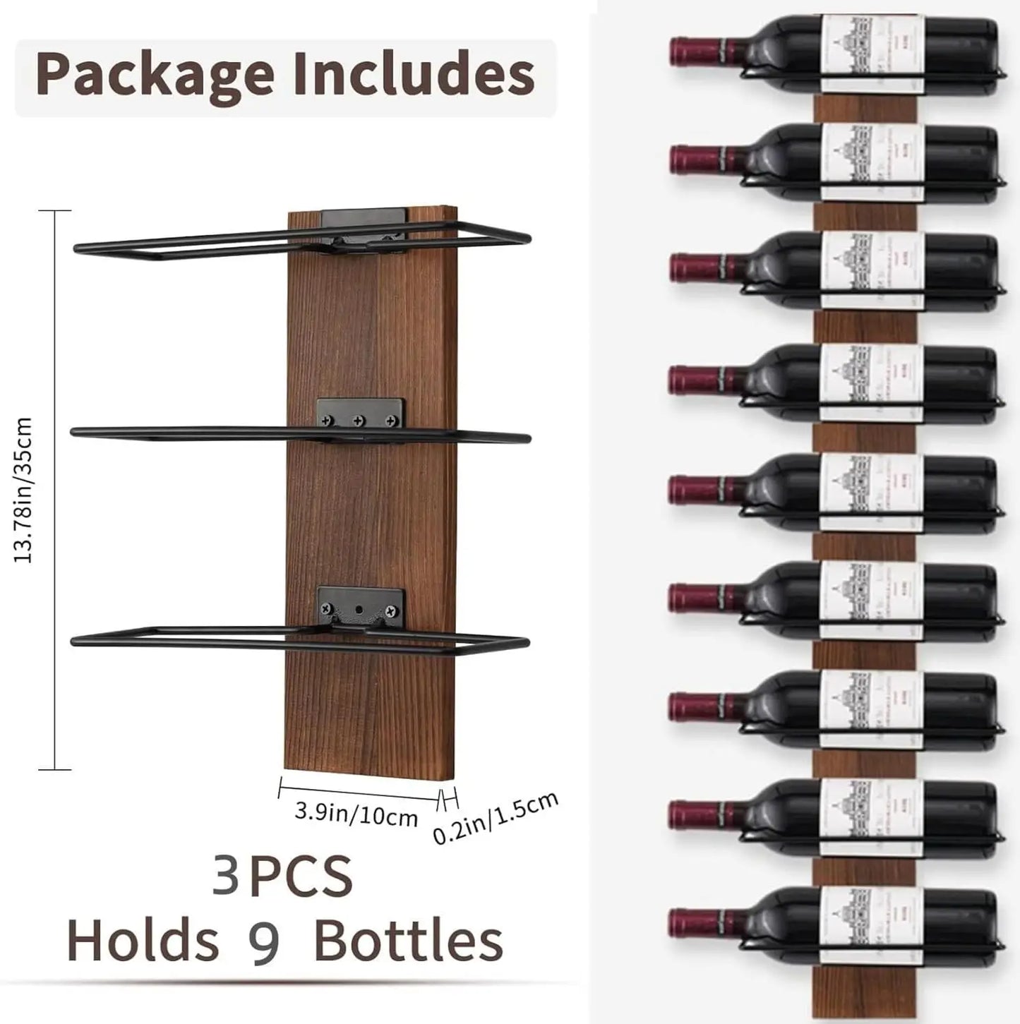Wood Wall Mounted Wine Rack For 9 Bottles