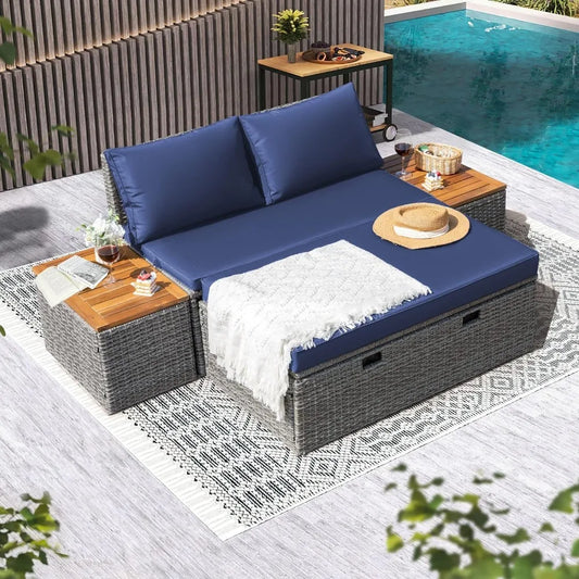 Patio Day Bed Set Outdoor Rattan Lounge Bed With Side Tables