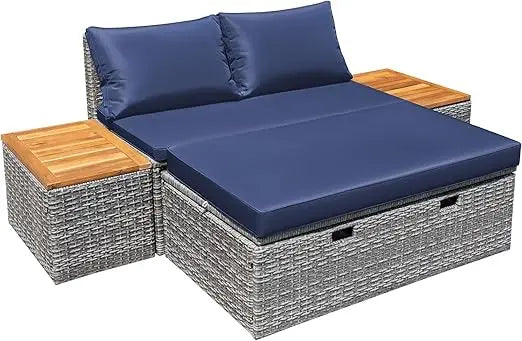 Patio Day Bed Set Outdoor Rattan Lounge Bed With Side Tables
