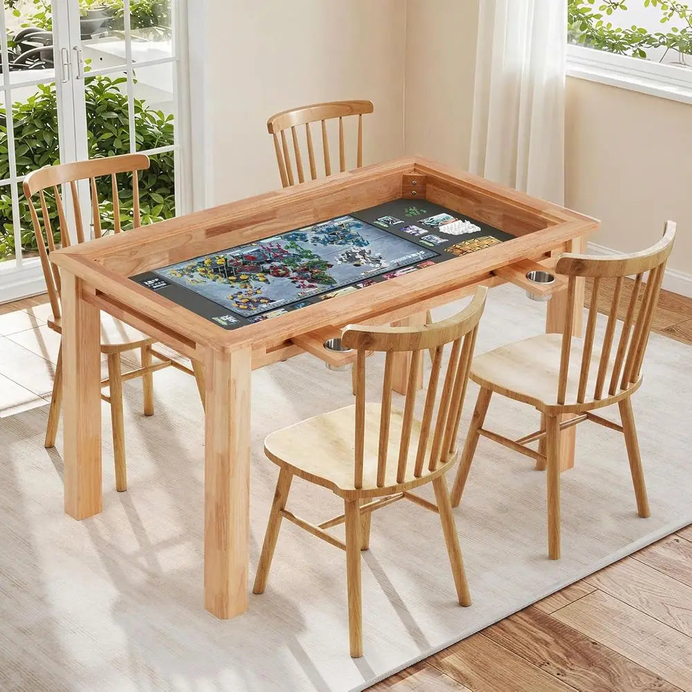 Oak Gaming Table With Removable Top Leather Mat Cup Holders