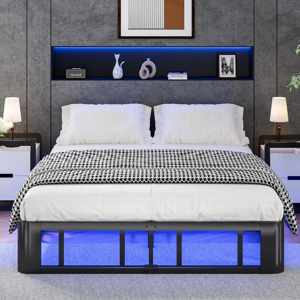 Platform Bed Frame With LED Lights And Sturdy Steel Base