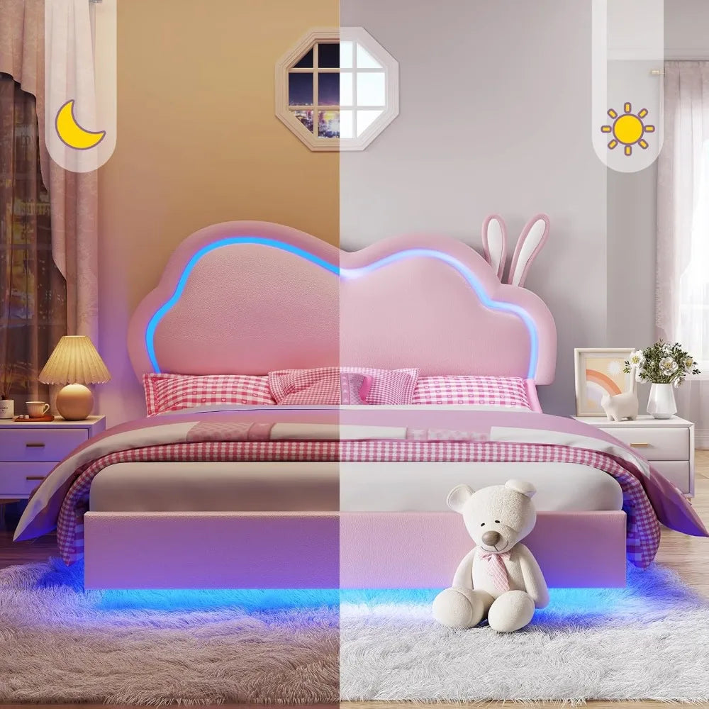 Twin LED Bed Frame For Girls With Cloud Headboard Design