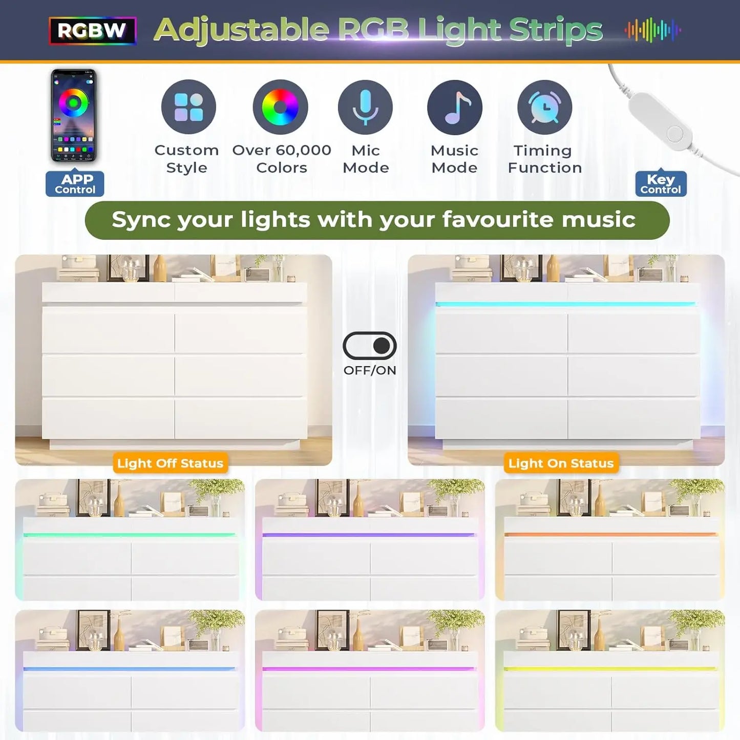 6 Drawer Dresser With Sliding Desktop LED Lights And Charging Station