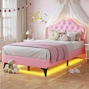 Upholstered Platform Bed With LED Lights Adjustable Headboard Storage Drawer