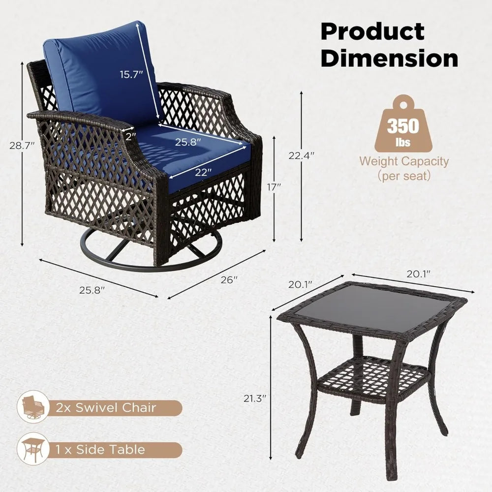 Outdoor Wicker Swivel Chair Set With Cushions And Glass Table