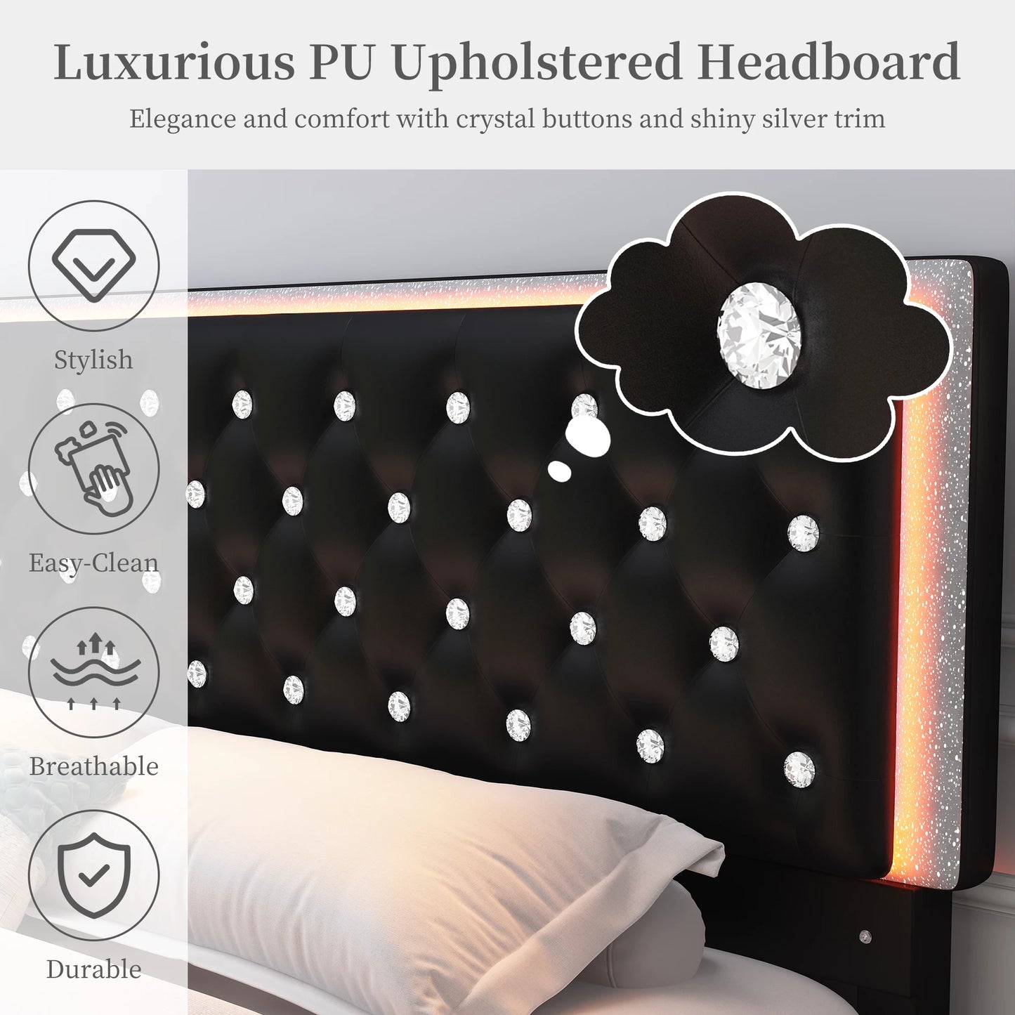 NONECN LED PU Bed Frame With Built In Drawers Storage