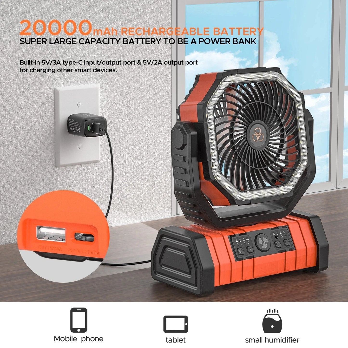 Rechargeable Camping Fan 20000mAh With LED Light And Portable Hook