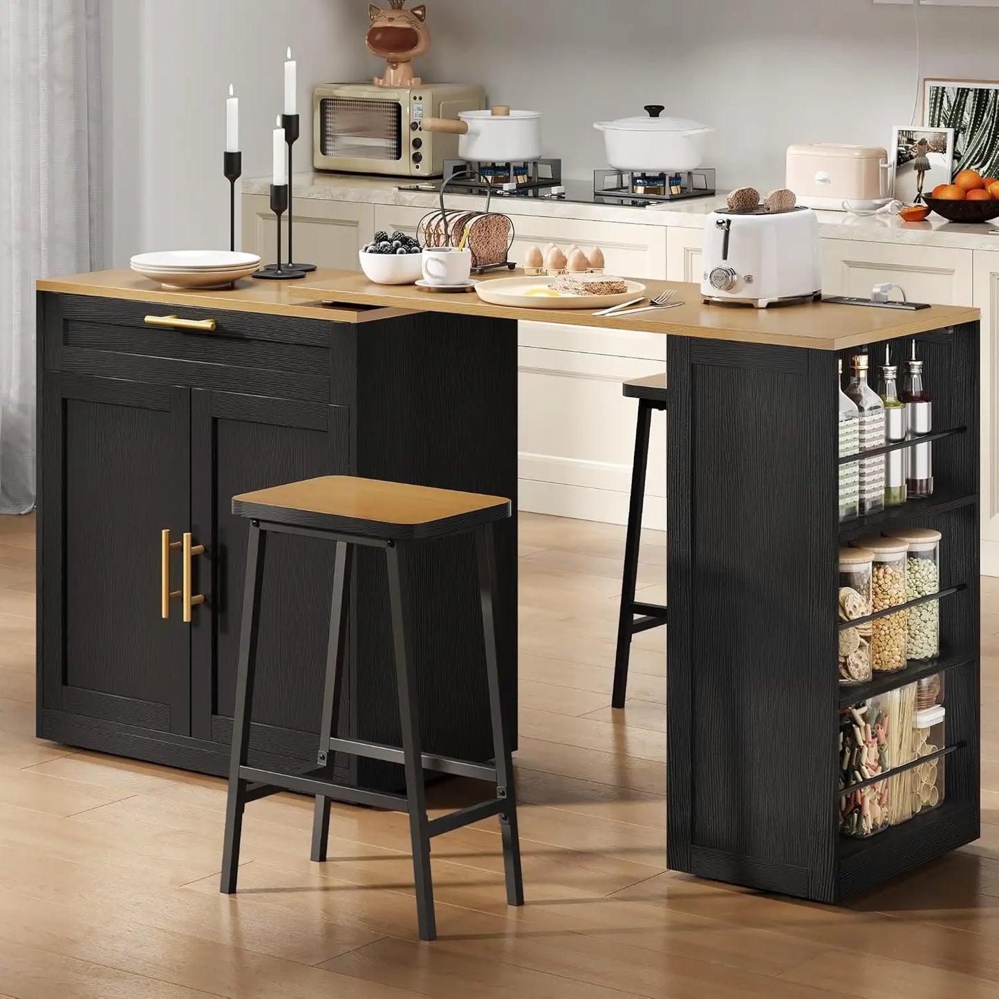 Expandable Kitchen Island With Seating Power Outlet Storage And Wheels