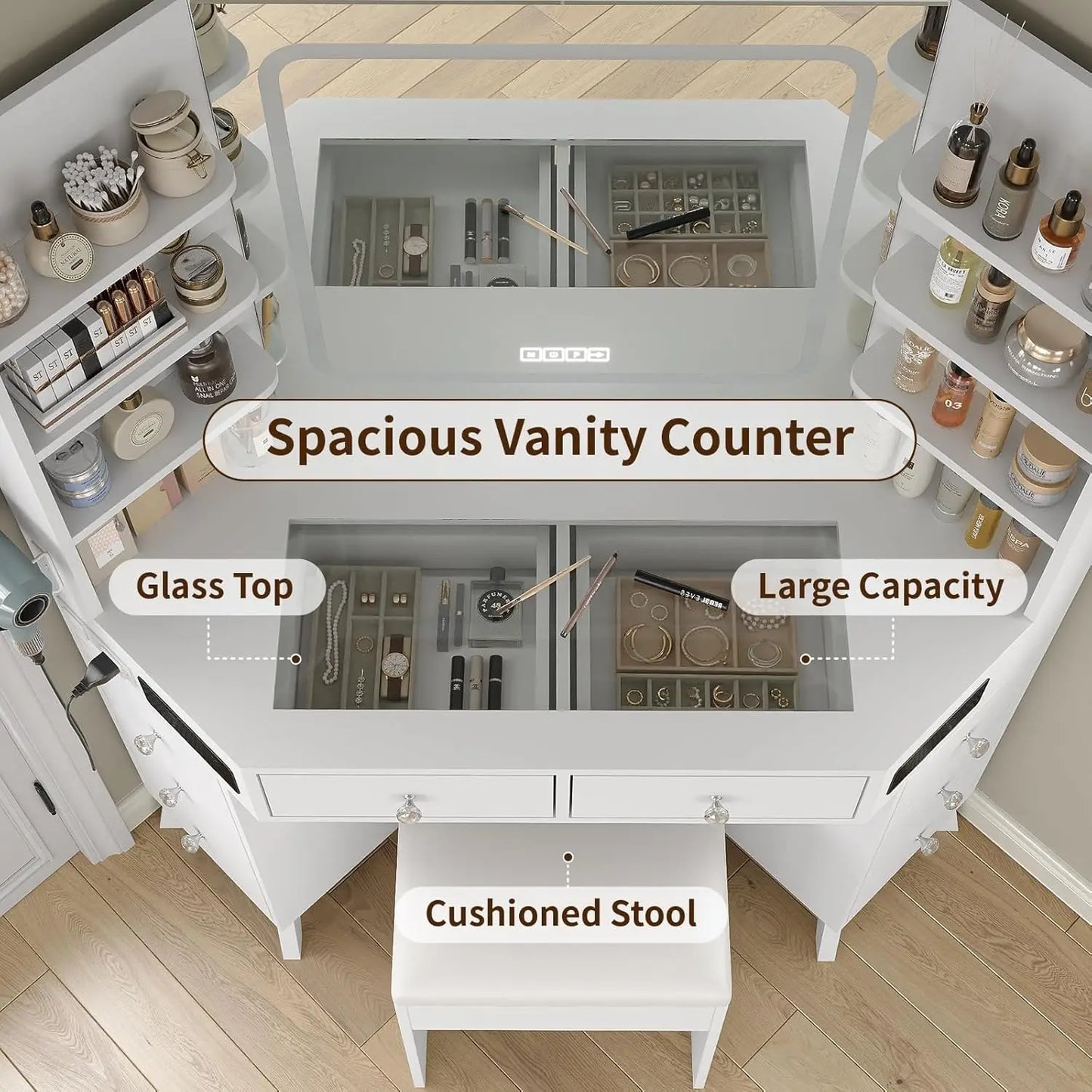 Corner Vanity Desk With Bluetooth Speaker And Glass Top