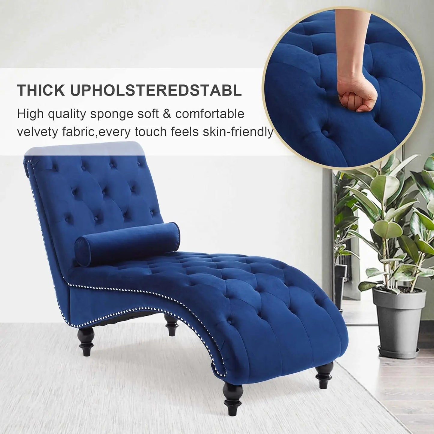 Velvet Chaise Lounge Chair With Pillow, Button-Tufted, Modern Indoor