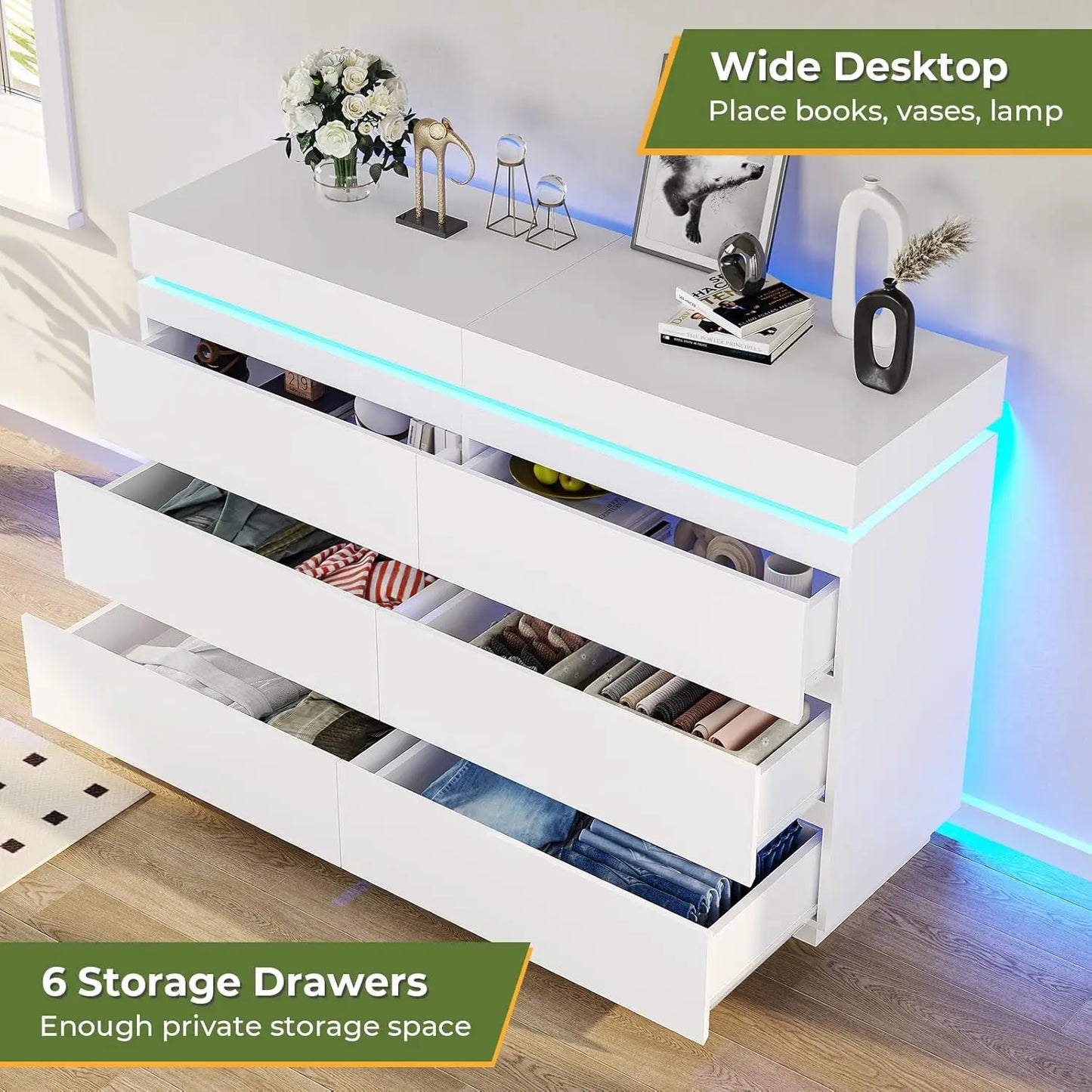 6 Drawer Dresser With Sliding Desktop LED Lights And Charging Station