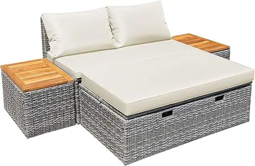 Patio Day Bed Set Outdoor Rattan Lounge Bed With Side Tables