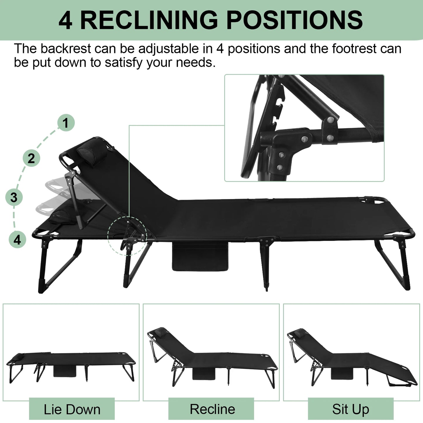 Portable Folding Camping Cot Three Position Adjustable Reclining Lounge Chair