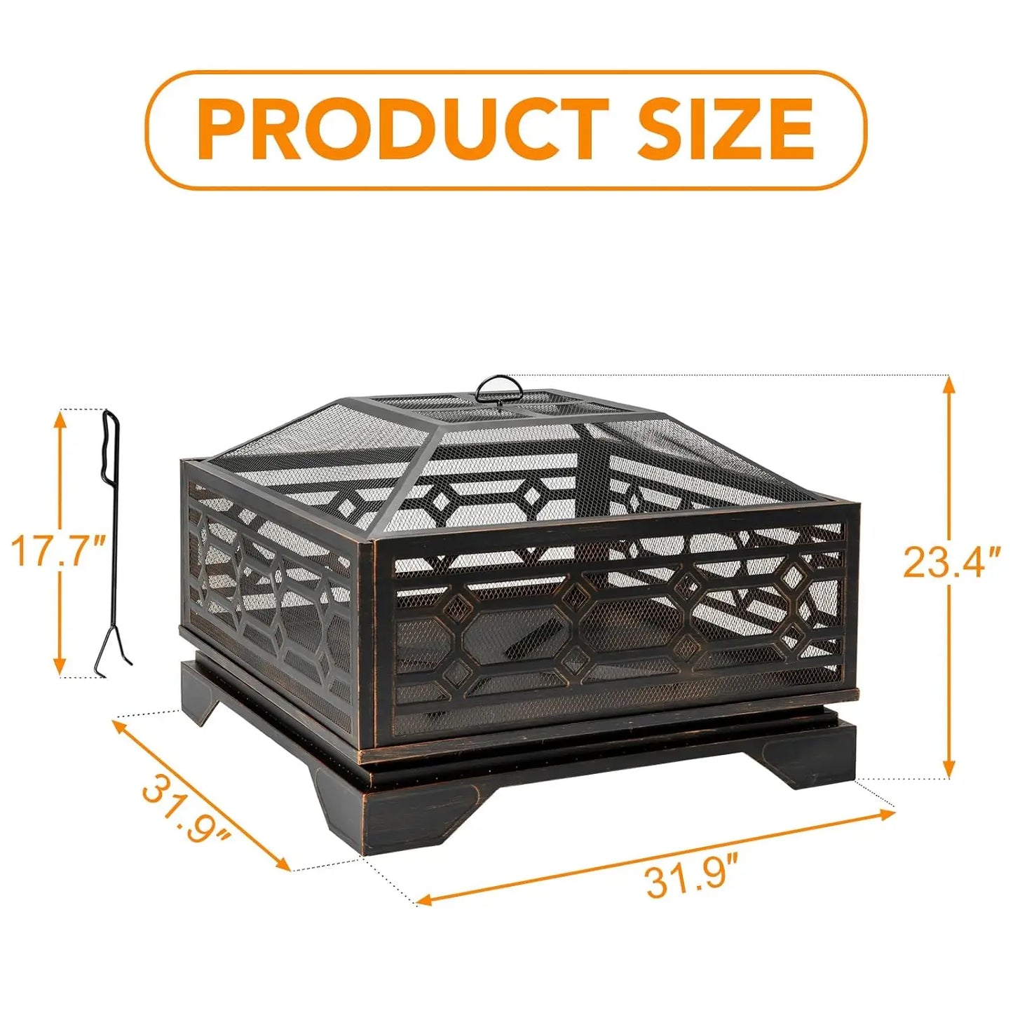 Square Outdoor Fire Pit Metal Wood Burning with Mesh Cover