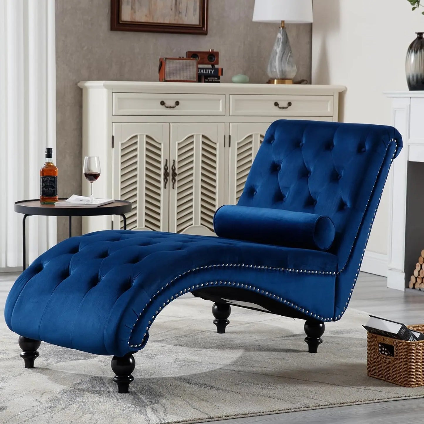 Velvet Chaise Lounge Chair With Pillow, Button-Tufted, Modern Indoor