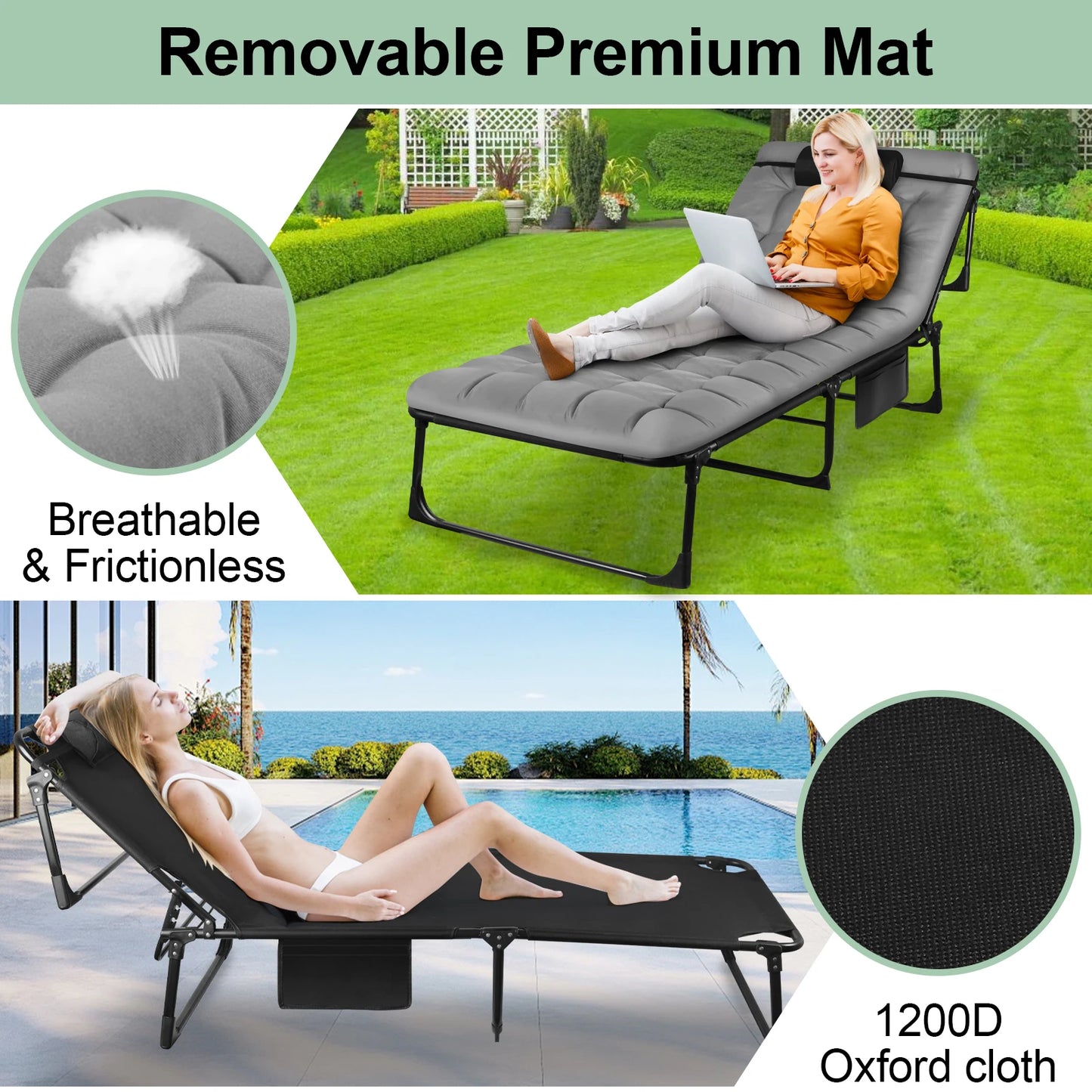 Portable Folding Camping Cot Three Position Adjustable Reclining Lounge Chair