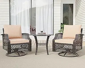 Outdoor Wicker Swivel Chair Set With Cushions And Glass Table