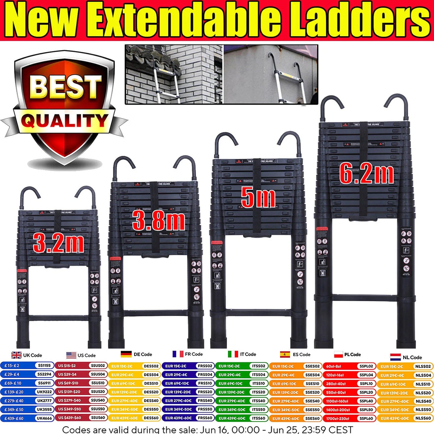 DayPlus Telescopic Aluminum Ladder With Detachable Hooks