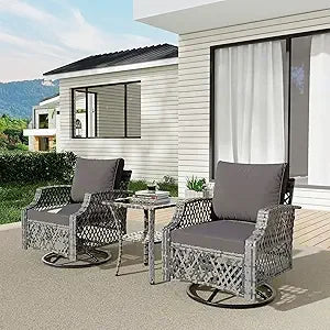Outdoor Wicker Swivel Chair Set With Cushions And Glass Table