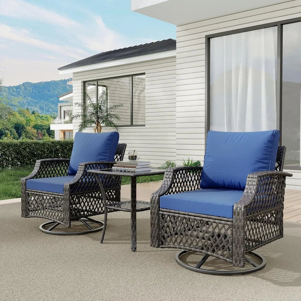 Outdoor Wicker Swivel Chair Set With Cushions And Glass Table