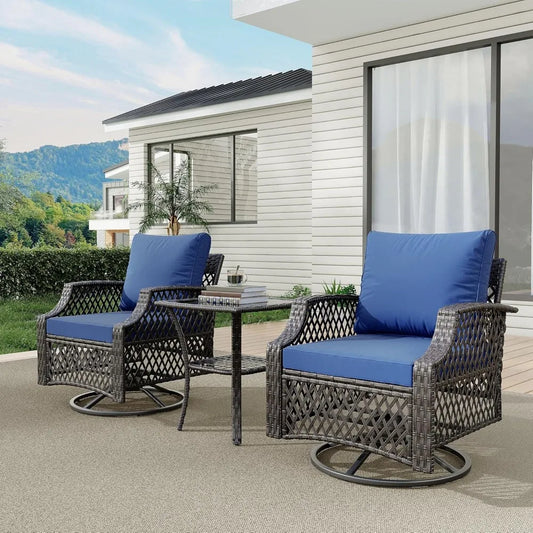 Outdoor Wicker Swivel Chair Set With Cushions And Glass Table
