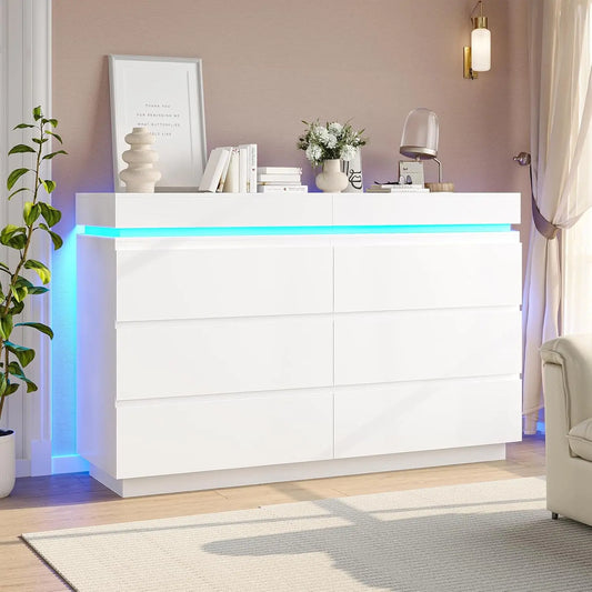 6 Drawer Dresser With Sliding Desktop LED Lights And Charging Station