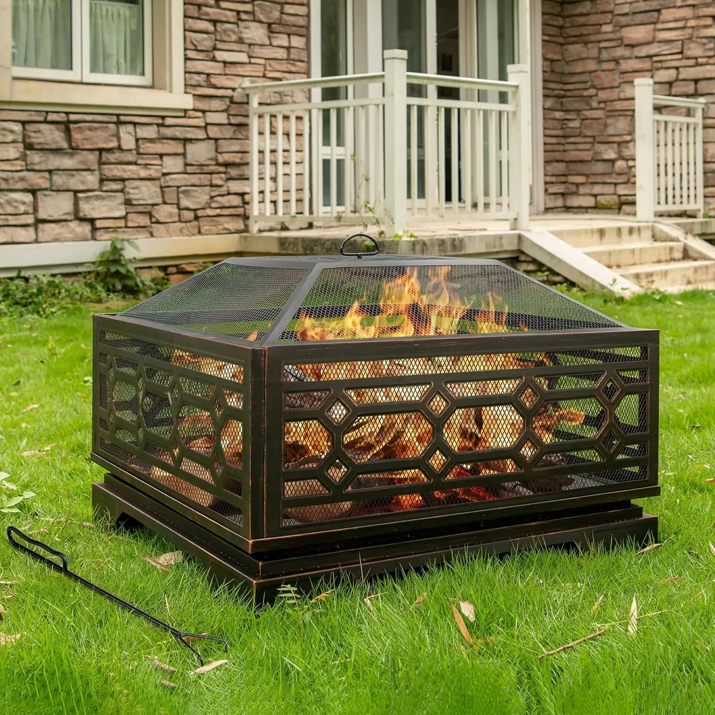 Square Outdoor Fire Pit Metal Wood Burning with Mesh Cover