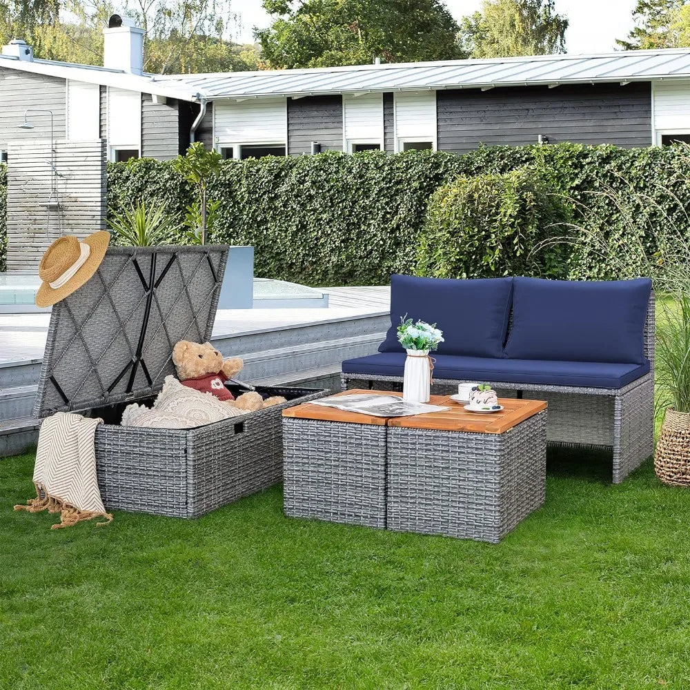 Patio Day Bed Set Outdoor Rattan Lounge Bed With Side Tables