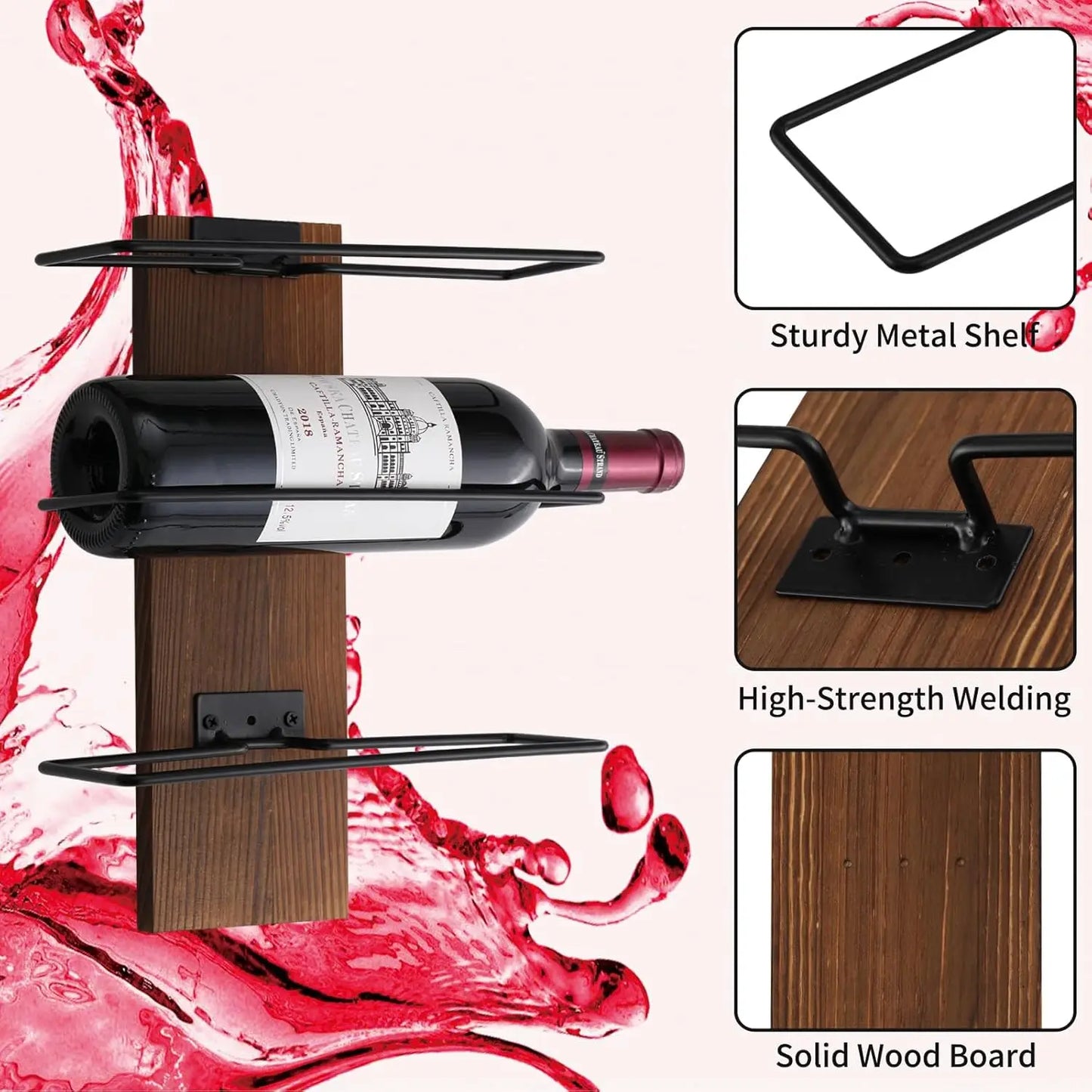 Wood Wall Mounted Wine Rack For 9 Bottles