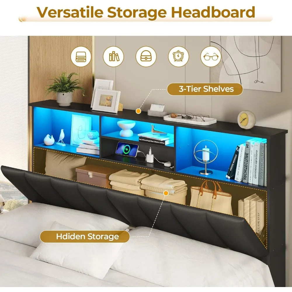 Bed Frame With Bookcase Headboard Charging Station And LED Lights