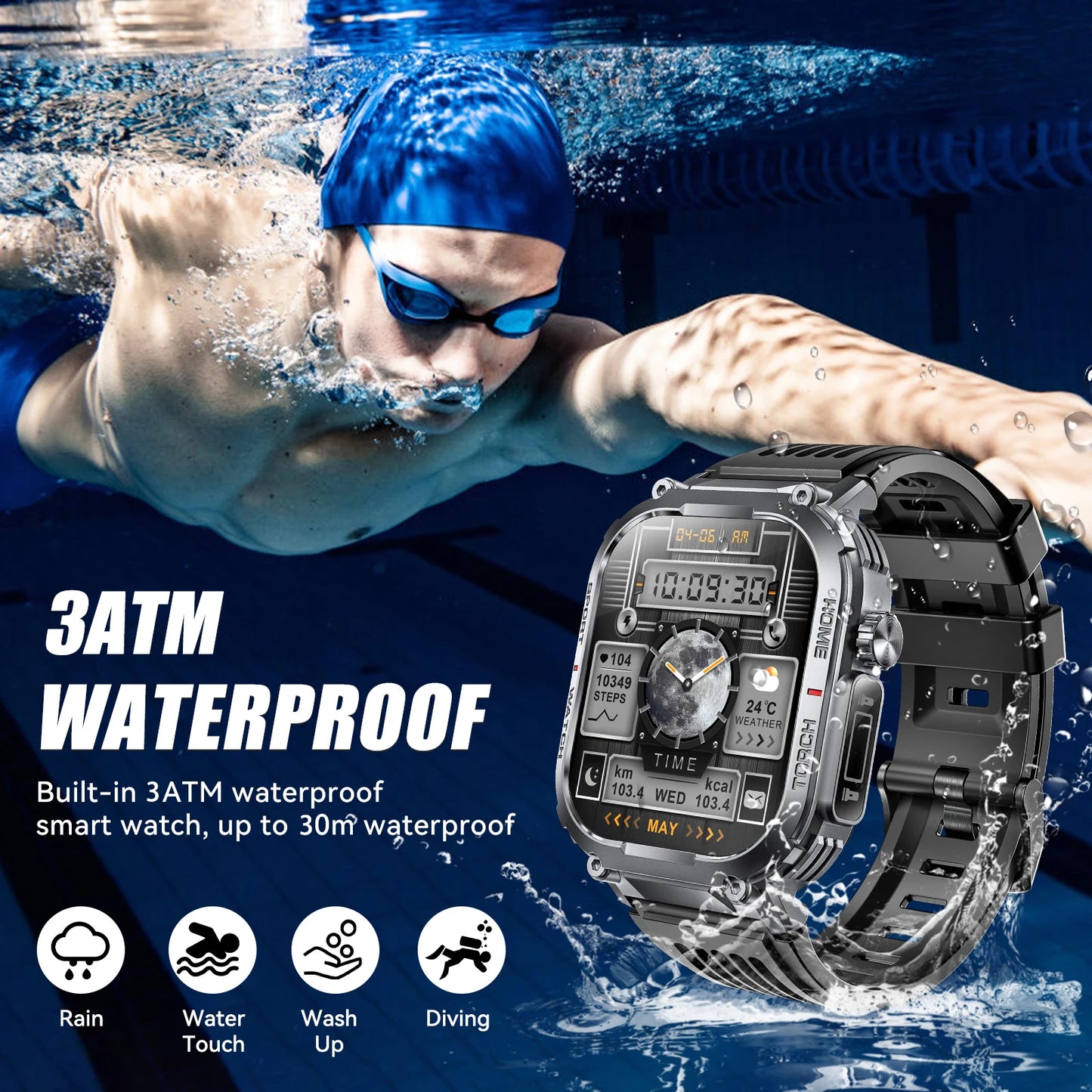EIGIIS Smartwatch Men 3ATM Waterproof Fitness Tracker With Heart Rate
