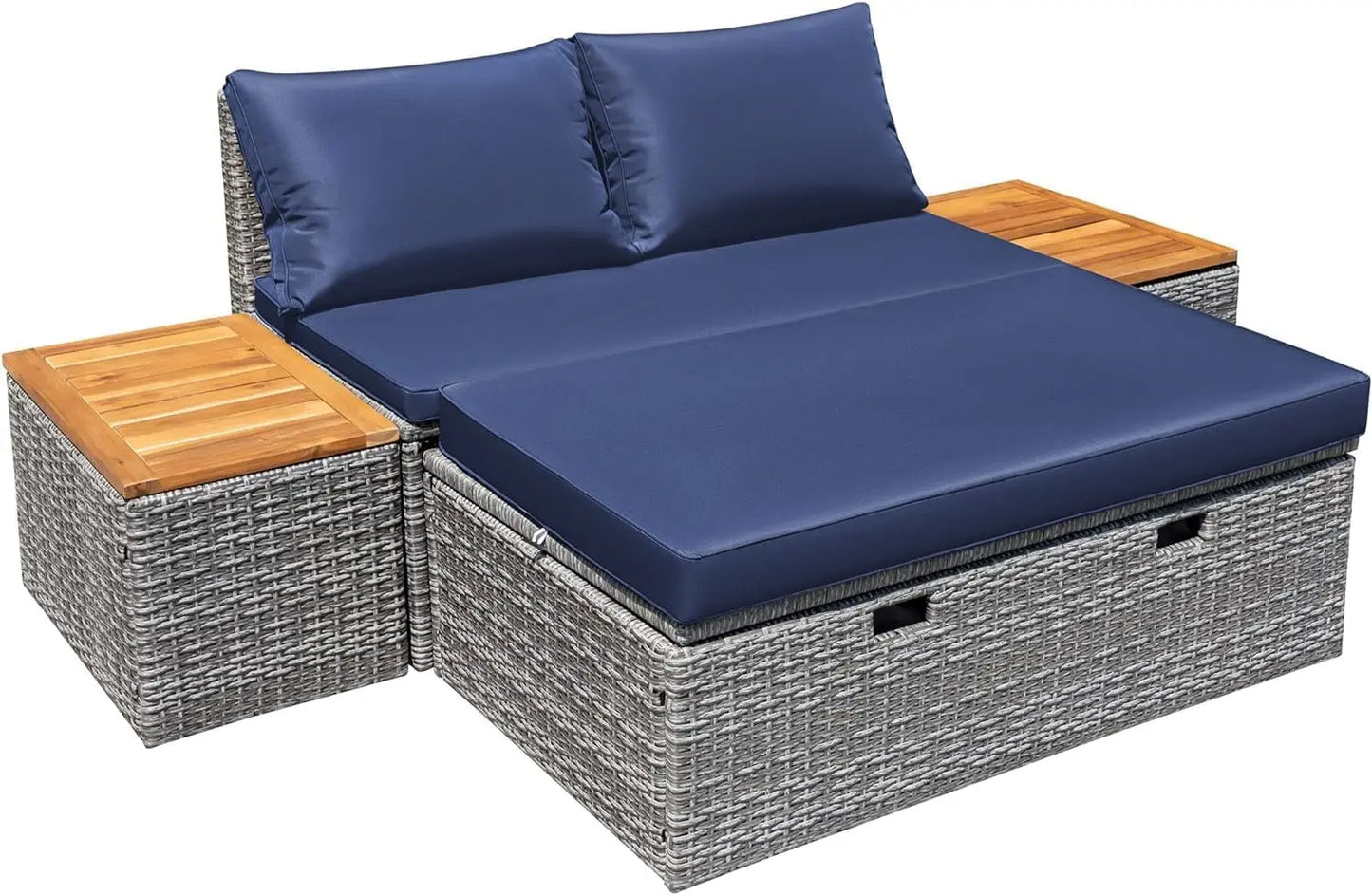 Patio Day Bed Set Outdoor Rattan Lounge Bed With Side Tables