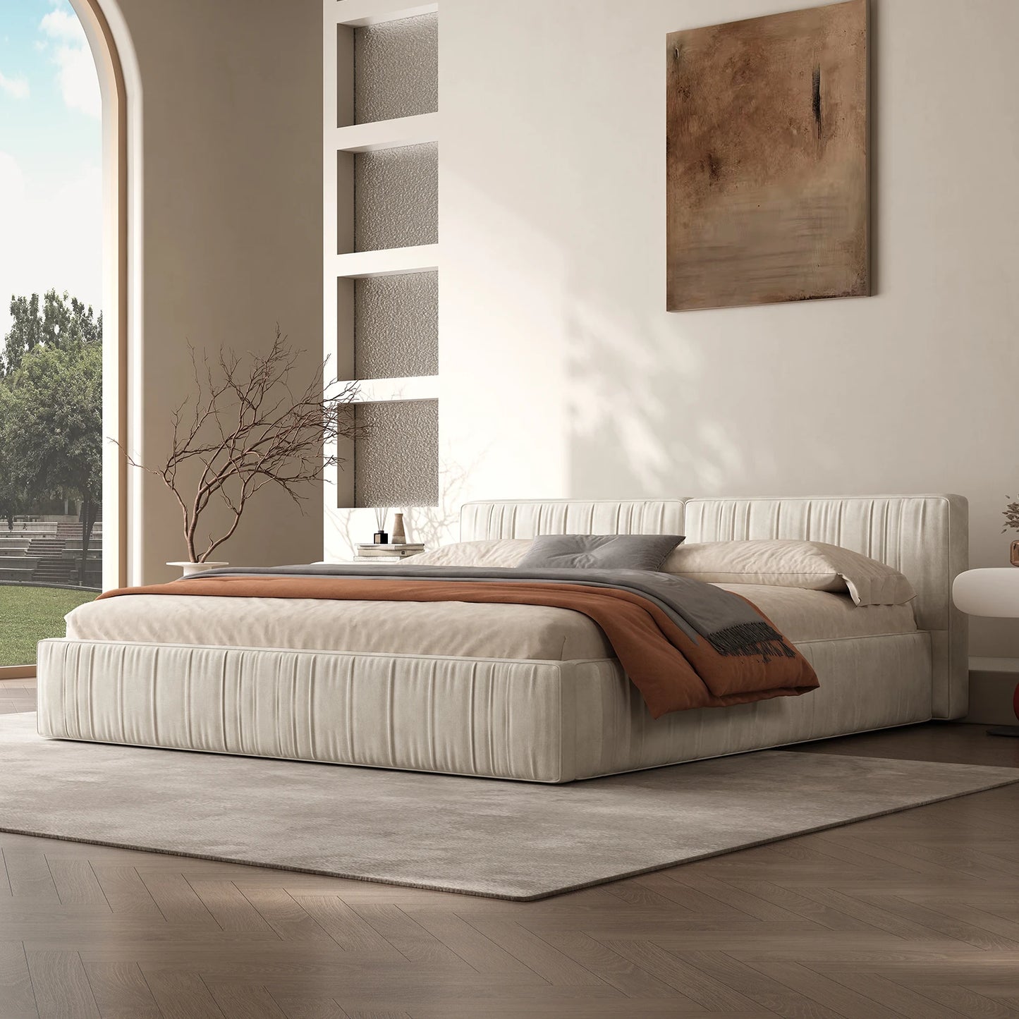 QWCCN Chenille Platform Bed With Thick Headboard And Footboard