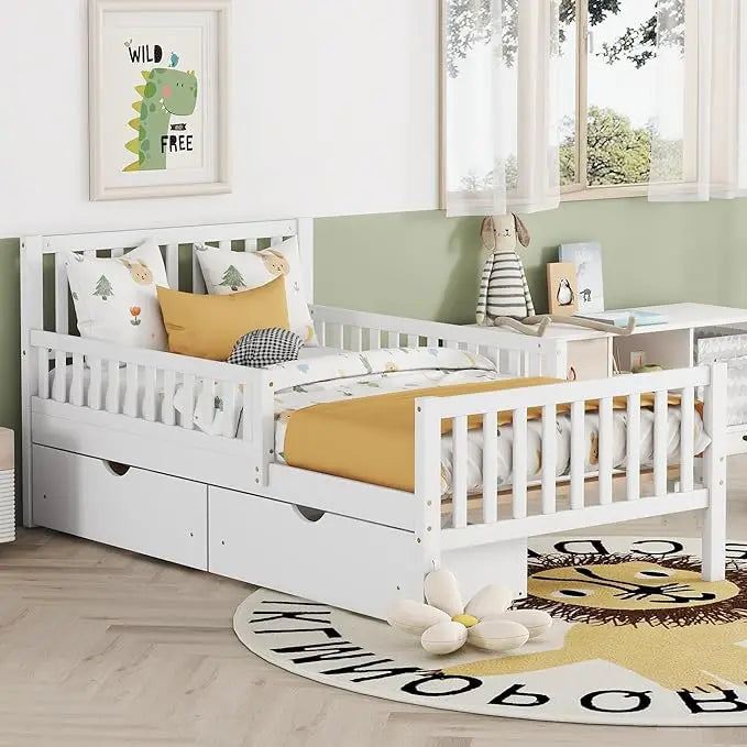 Kids Twin Bed With Guardrails Platform Bed Frame Drawers