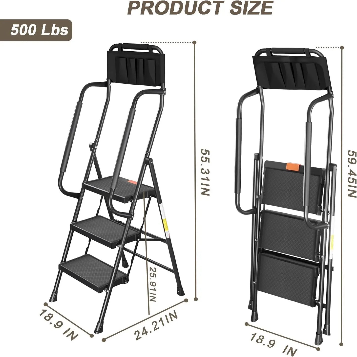 3 Step Ladder With Handrails 500 Lbs Capacity Folding Stool
