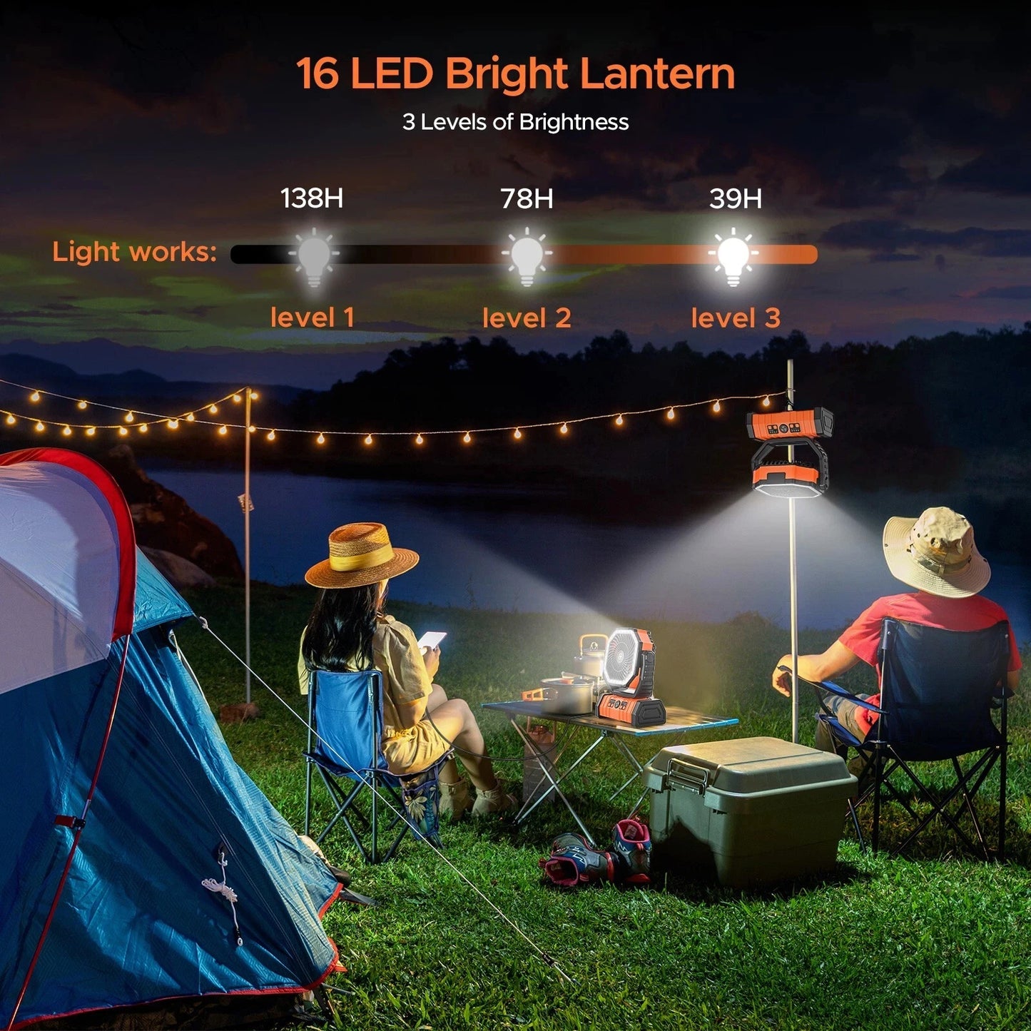 Rechargeable Camping Fan 20000mAh With LED Light And Portable Hook
