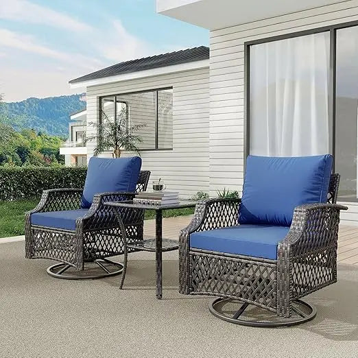 Outdoor Wicker Swivel Chair Set With Cushions And Glass Table