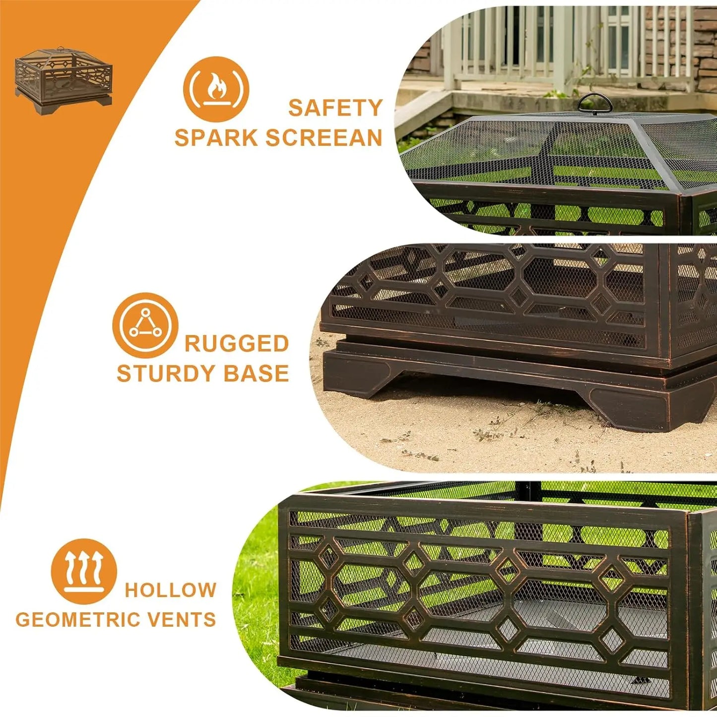 Square Outdoor Fire Pit Metal Wood Burning with Mesh Cover