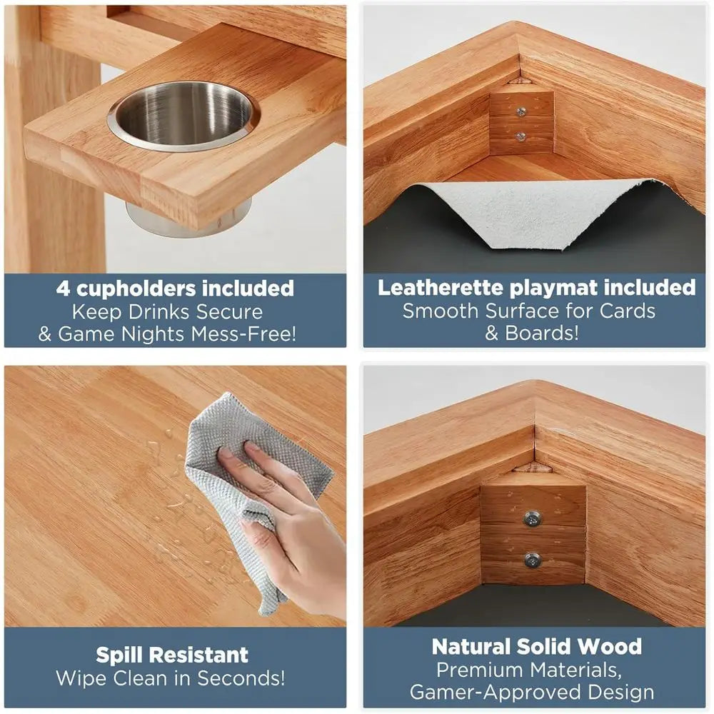 Oak Gaming Table With Removable Top Leather Mat Cup Holders