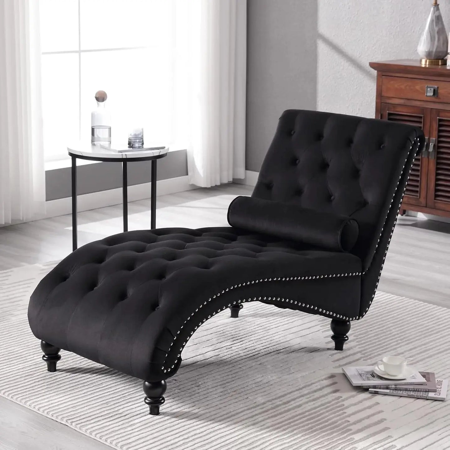 Velvet Chaise Lounge Chair With Pillow, Button-Tufted, Modern Indoor