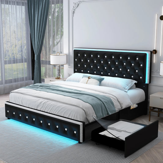 NONECN LED PU Bed Frame With Built In Drawers Storage